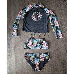 Hurley 3 pc Bikini Swimsuit Set Long Sleeve Swim Shirt + Bikini Black Floral 14